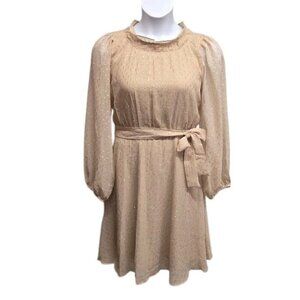 DKNY Womens 8 Beige & Gold Belted Balloon Sleeve A Line Dress Classic Romantic
